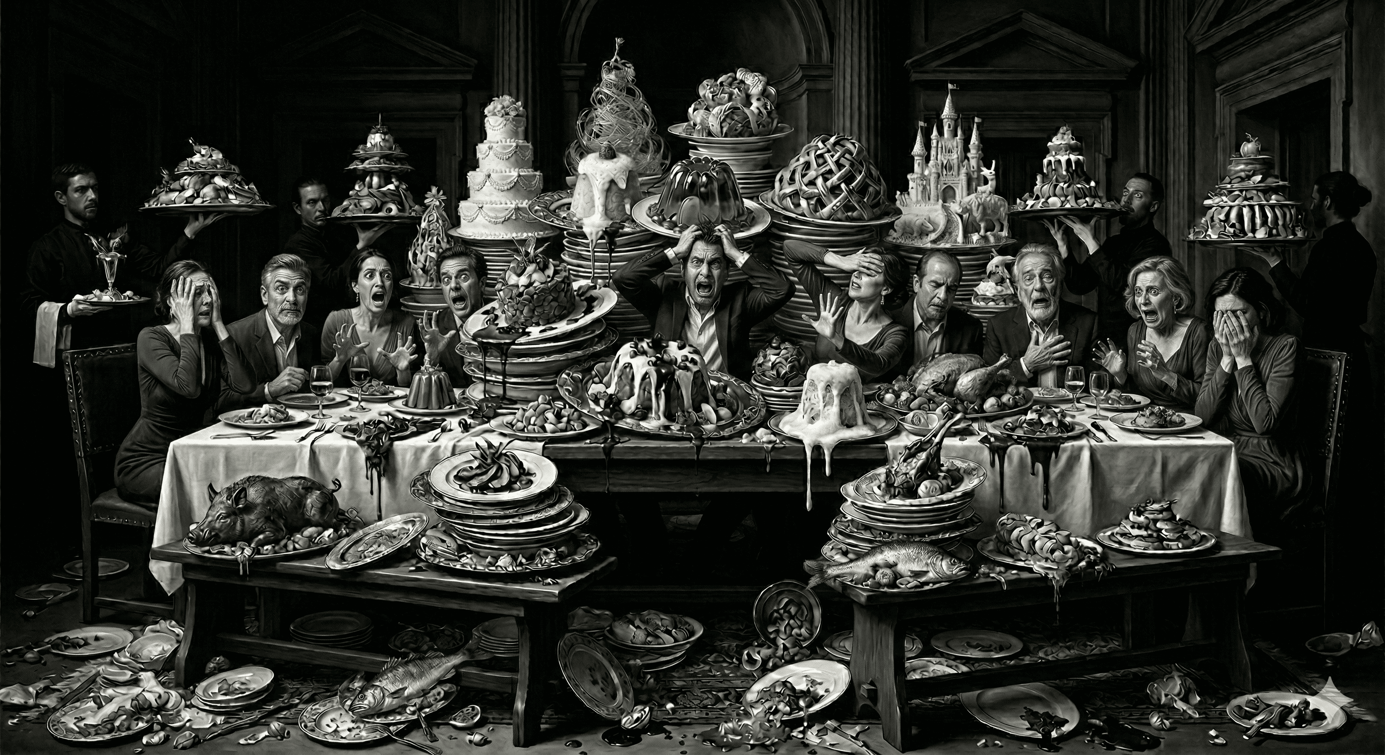 A_dramatic_black_and_white_depiction_of_a_chaotic_banquet_table_overloaded_with_absurd_amounts_of_food_and_distressed_diners.png